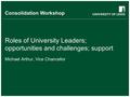 School of something FACULTY OF OTHER Consolidation Workshop Roles of University Leaders; opportunities and challenges; support Michael Arthur, Vice Chancellor.