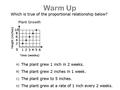 Warm Up. Lesson 10: Interpreting Graphs of Proportional Relationships I can represent proportional relationships by equations. I can explain what a point.