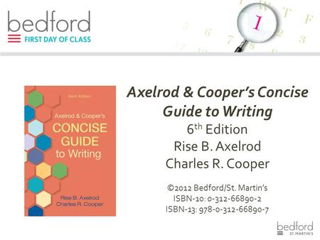 Axelrod & Cooper’s Concise Guide to Writing 6 th Edition Rise B. Axelrod Charles R. Cooper ©2012 Bedford/St. Martin’s ISBN-10: 0-312-66890-2 ISBN-13: 978-0-312-66890-7.