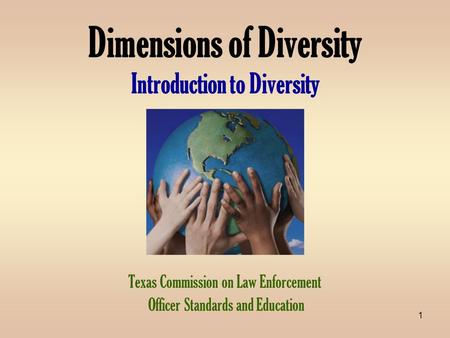 1 Dimensions of Diversity Introduction to Diversity Texas Commission on Law Enforcement Officer Standards and Education.