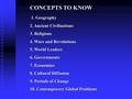 CONCEPTS TO KNOW 1. Geography 1. Geography 2. Ancient Civilizations 3. Religions 4. Wars and Revolutions 5. World Leaders 6. Governments 7. Economies 8.