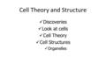 Cell Theory and Structure Discoveries Look at cells Cell Theory Cell Structures Organelles.