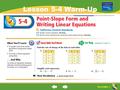 ALGEBRA 1 Lesson 5-4 Warm-Up. ALGEBRA 1 “Point-Slope Form and Writing Linear Equations” (5-4) (5-3) What is “point- slope form”? How can you use point-slope.