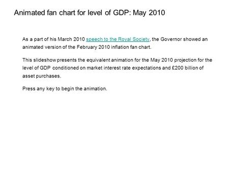 Animated fan chart for level of GDP: May 2010 As a part of his March 2010 speech to the Royal Society, the Governor showed an animated version of the February.