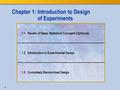 1 Chapter 1: Introduction to Design of Experiments 1.1 Review of Basic Statistical Concepts (Optional) 1.2 Introduction to Experimental Design 1.3 Completely.