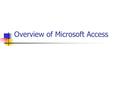 Overview of Microsoft Access. Contents of an Access file Tables Forms Queries Reports Pages Macros Modules.