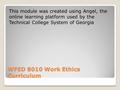 WFED 8010 Work Ethics Curriculum This module was created using Angel, the online learning platform used by the Technical College System of Georgia.