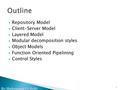  Repository Model  Client-Server Model  Layered Model  Modular decomposition styles  Object Models  Function Oriented Pipelining  Control Styles.