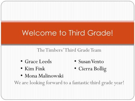 The Timbers’ Third Grade Team We are looking forward to a fantastic third grade year! Welcome to Third Grade! Grace Leeds Kim Fink Mona Malinowski Susan.