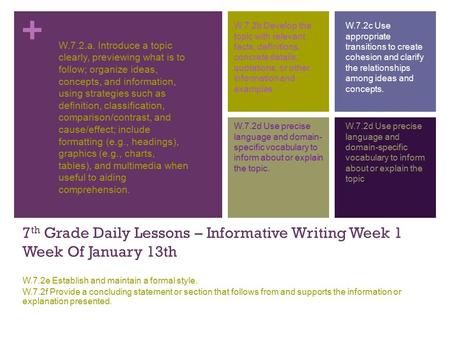 + 7 th Grade Daily Lessons – Informative Writing Week 1 Week Of January 13th W.7.2e Establish and maintain a formal style. W.7.2f Provide a concluding.