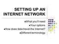 SETTING UP AN INTERNET NETWORK What you’ll need Your options How does data travel the Internet? Different terminology.