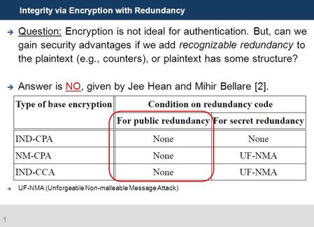 Integrity via Encryption with Redundancy  Question: Encryption is not ideal for authentication. But, can we gain security advantages if we add recognizable.