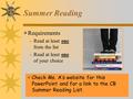 Summer Reading  Requirements –Read at least one from the list –Read at least one of your choice  Check Ms. A’s website for this PowerPoint and for a.