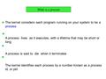 The kernel considers each program running on your system to be a process A process lives as it executes, with a lifetime that may be short or long A process.