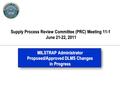 Supply Process Review Committee (PRC) Meeting 11-1 June 21-22, 2011 MILSTRAP Administrator Proposed/Approved DLMS Changes in Progress.