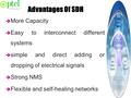 Advantages Of SDH è More Capacity è Easy to interconnect different systems è simple and direct adding or dropping of electrical signals è Strong NMS è.