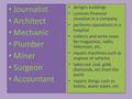 Journalist Architect Mechanic Plumber Miner Surgeon Accountant designs buildings controls financial situation in a company performs operations in a hospital.