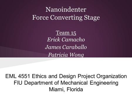 Nanoindenter Force Converting Stage Team 15 Erick Camacho James Caraballo Patricia Wong EML 4551 Ethics and Design Project Organization FIU Department.