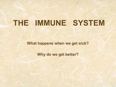 THE IMMUNE SYSTEM What happens when we get sick? Why do we get better?