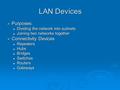 LAN Devices  Purposes: Dividing the network into subnets Dividing the network into subnets Joining two networks together Joining two networks together.