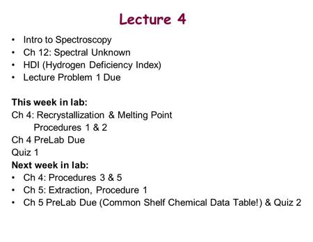 Intro to Spectroscopy Ch 12: Spectral Unknown HDI (Hydrogen Deficiency Index) Lecture Problem 1 Due This week in lab: Ch 4: Recrystallization & Melting.