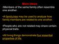 Main Ideas Members of the same family often resemble one another. A family tree may be used to analyze how family members are related to one another. People.