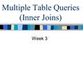 Multiple Table Queries (Inner Joins) Week 3. Objective –Write SELECT statements to display data from more than one table using inner joins.