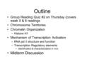 Outline Group Reading Quiz #2 on Thursday (covers week 5 & 6 readings Chromosome Territories Chromatin Organization –Histone H1 Mechanism of Transcription.