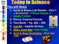 You will Need: 1.Acids & Bases Lab Sheets – Part 1 – Bookshelf – Please Staple- 2 pages 4 sides 2.Pencil, Colored Pencils 3.Text Book – Pg. 282 – 295 4.Log.