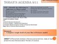 TODAY’S AGENDA 9/11 FTF - Identify the following as Inference or Observation A. The grass in the front of the school is wet. B. Maybe it rained. C. The.