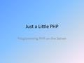 Just a Little PHP Programming PHP on the Server. Common Programming Language Features Comments Data Types Variable Declarations Expressions Flow of Control.