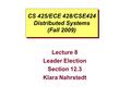 CS 425/ECE 428/CSE424 Distributed Systems (Fall 2009) Lecture 8 Leader Election Section 12.3 Klara Nahrstedt.