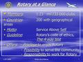 LOF 2009 Rotary at a Glance 1  Members: 1.23 mil./33 000 clubs  Countries: 200 with geographical areas  Motto: Service Above Self  Guideline: Rotary’s.