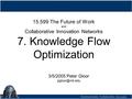 15.599 The Future of Work and Collaborative Innovation Networks 7. Knowledge Flow Optimization 3/5/2005 Peter Gloor