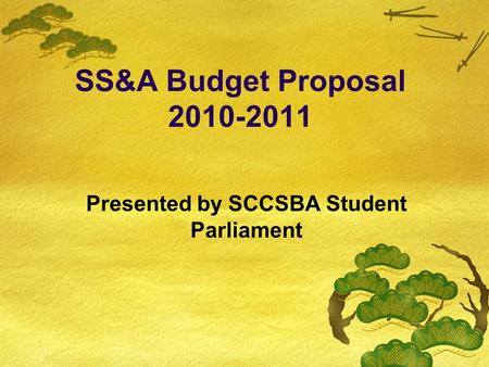 SS&A Budget Proposal 2010-2011 Presented by SCCSBA Student Parliament.