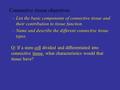 Connective tissue objectives –List the basic components of connective tissue and their contribution to tissue function. –Name and describe the different.