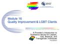 Unifying science, education and service to transform lives Module 16 Quality Improvement & LGBT Clients A Provider’s Introduction to Substance Abuse for.