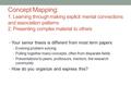 Concept Mapping: 1. Learning through making explicit mental connections and association patterns 2. Presenting complex material to others Your senior thesis.