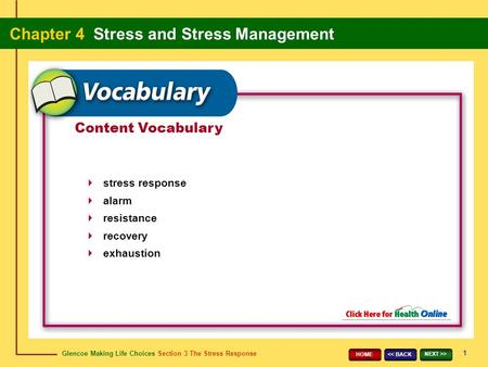 Glencoe Making Life Choices Section 3 The Stress Response Chapter 4 Stress and Stress Management 1 > HOME Content Vocabulary stress response.