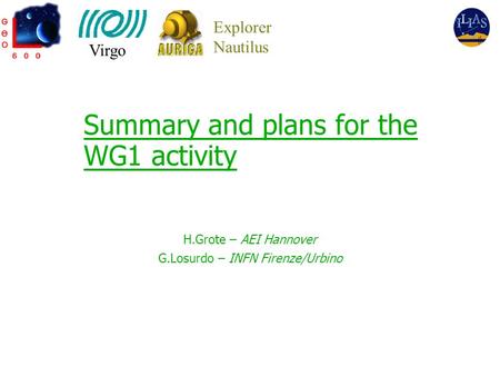 Summary and plans for the WG1 activity H.Grote – AEI Hannover G.Losurdo – INFN Firenze/Urbino Explorer Nautilus Virgo.