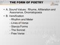 THE FORM OF POETRY A. Sound Values : Rhyme, Alliteration and Assonance, Onomatopoeia B. Versification - Rhythm and Meter - Lines of Verse - Stanza Forms.