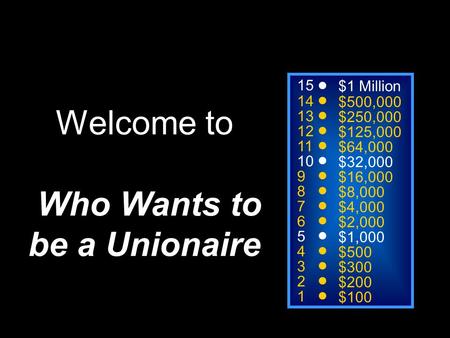 15 14 13 12 11 10 9 8 7 6 5 4 3 2 1 $1 Million $500,000 $250,000 $125,000 $64,000 $32,000 $16,000 $8,000 $4,000 $2,000 $1,000 $500 $300 $200 $100 Welcome.