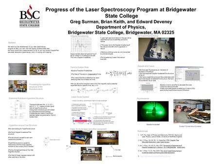 Progress of the Laser Spectroscopy Program at Bridgewater State College Greg Surman, Brian Keith, and Edward Deveney Department of Physics, Bridgewater.