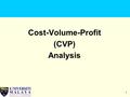 1 Cost-Volume-Profit (CVP) Analysis. 2 Cost-Volume-Profit Analysis 3 methods: (i) Basic equation method (ii) Contribution margin method (iii) Graphical.