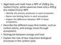 Algal beds and reefs have a NPP of 2500 g dry matter/m2/yr, while savannas have only a 850 g dry matter/m2/yr NPP. – Identify the primary producers in.