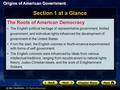 Origins of American Government Section 1 at a Glance The Roots of American Democracy The English political heritage of representative government, limited.