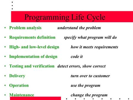 Programming Life Cycle Problem analysisunderstand the problem Requirements definition specify what program will do High- and low-level designhow it meets.