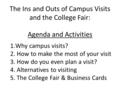 The Ins and Outs of Campus Visits and the College Fair: Agenda and Activities 1.Why campus visits? 2. How to make the most of your visit 3. How do you.