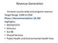 Revenue Generation Increase county-wide and program revenue Target Range: $3M to $5M Phase 1 Recommendation: $4.3M Highlights: WCHO/CSTS Stimulus Act 88.