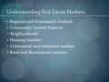 Understanding Real Estate Markets Regional and Community Analysis Community Growth Patterns Neighborhoods Housing markets Commercial and Industrial markets.